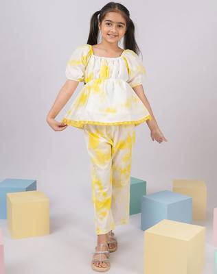 Girl's summer cotton cambric clothing set - yellow tie-dye abstract print top with straight pants (size 22-30) 1