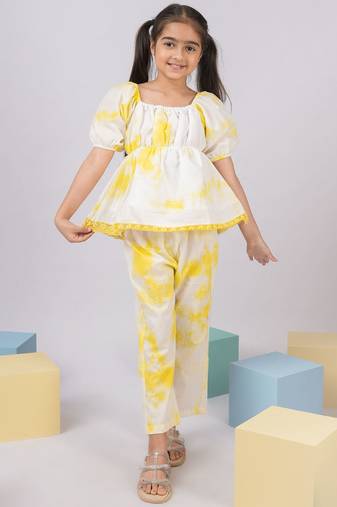 Girl's summer cotton cambric clothing set - yellow tie-dye abstract print top with straight pants (size 22-30)