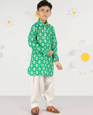  green cotton kurta patiala set - summer kantha work with digital print (ages 2-8) 1