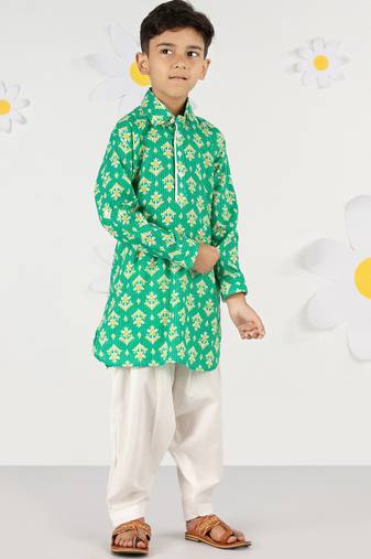 Boy's green cotton kurta patiala set - summer kantha work with digital print (ages 2-8)
