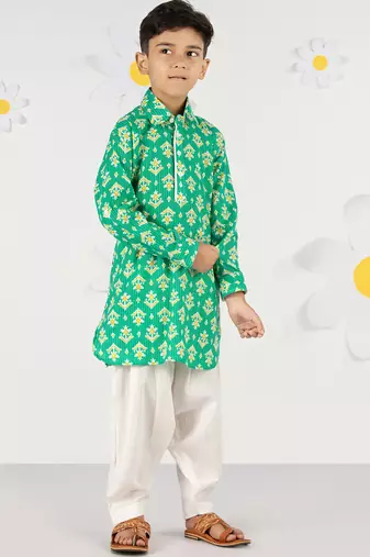Boy's green cotton kurta patiala set - summer kantha work with digital print (ages 2-8)