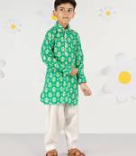  green cotton kurta patiala set - summer kantha work with digital print (ages 2-8)