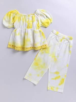 Girl's summer cotton cambric clothing set - yellow tie-dye abstract print top with straight pants (size 22-30) 2
