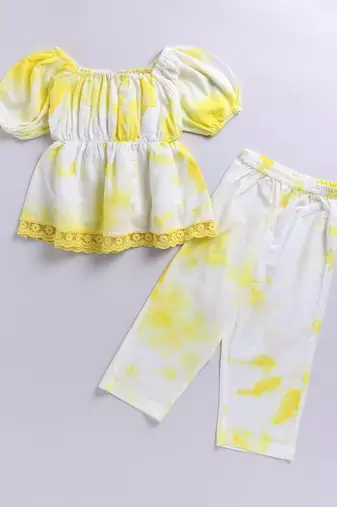 Girl's summer cotton cambric clothing set - yellow tie-dye abstract print top with straight pants (size 22-30)