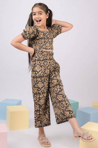Girl's summer cotton clothing set - black kalamkari block print crop top with wide leg pants for casual wear