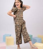 Girl's summer cotton clothing set - black kalamkari block print crop top with wide leg pants for casual wear
