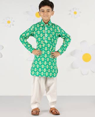  green cotton kurta patiala set - summer kantha work with digital print (ages 2-8) 2
