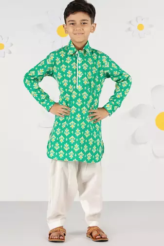  green cotton kurta patiala set - summer kantha work with digital print (ages 2-8)