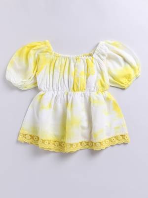 Girl's summer cotton cambric clothing set - yellow tie-dye abstract print top with straight pants (size 22-30) 3