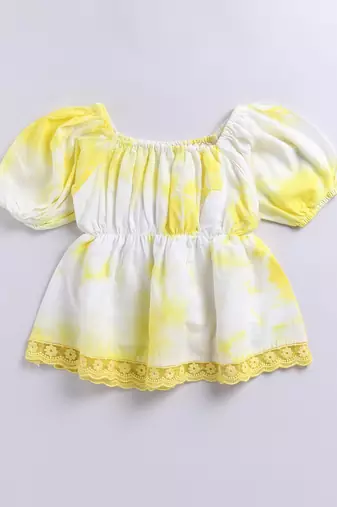 Girl's summer cotton cambric clothing set - yellow tie-dye abstract print top with straight pants (size 22-30)
