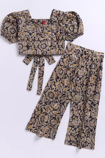 Girl's summer cotton clothing set - black kalamkari block print crop top with wide leg pants for casual wear