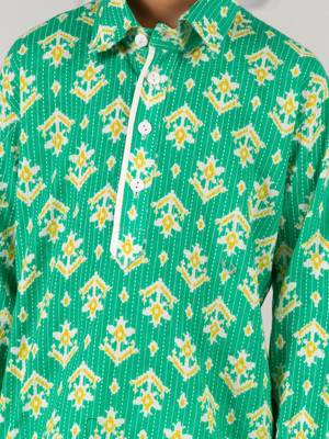  green cotton kurta patiala set - summer kantha work with digital print (ages 2-8) 3