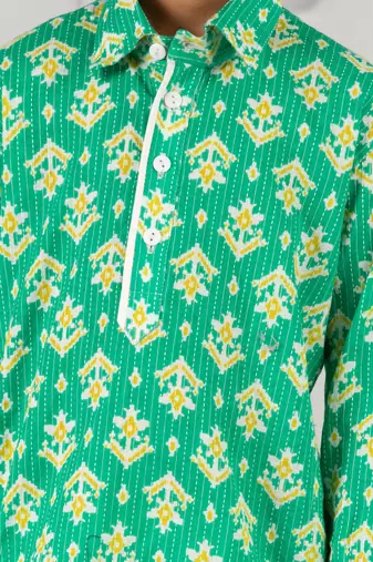  green cotton kurta patiala set - summer kantha work with digital print (ages 2-8)