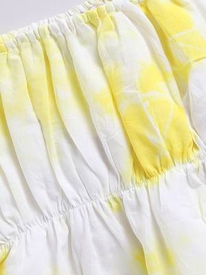 Girl's summer cotton cambric clothing set - yellow tie-dye abstract print top with straight pants (size 22-30) 4