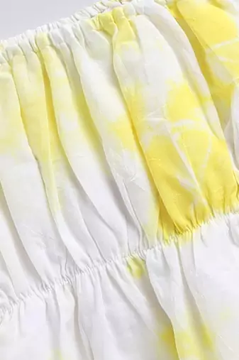 Girl's summer cotton cambric clothing set - yellow tie-dye abstract print top with straight pants (size 22-30)