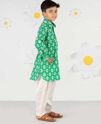  green cotton kurta patiala set - summer kantha work with digital print (ages 2-8) 4