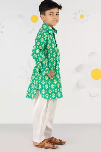  green cotton kurta patiala set - summer kantha work with digital print (ages 2-8)