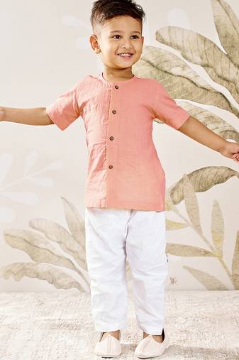 Baby boy's peach cotton kurta pyjama set - traditional festive ethnic wear rakhi festival dress (size 14-20)