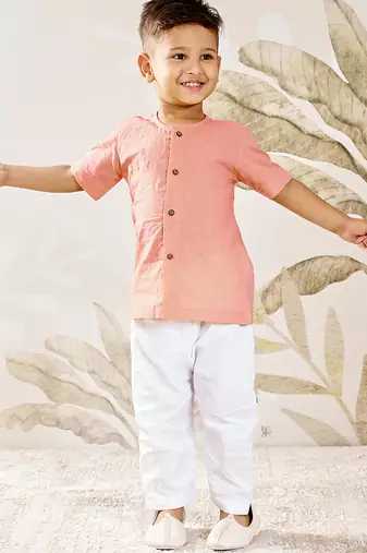 Baby boy's peach cotton kurta pyjama set - traditional festive ethnic wear rakhi festival dress (size 14-20)