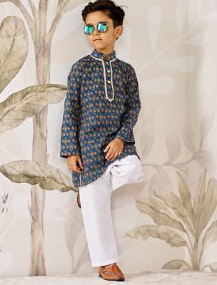  cotton kurta pyjama set - blue raksha bandhan traditional ethnic wear with kantha work (ages 2-12) 1