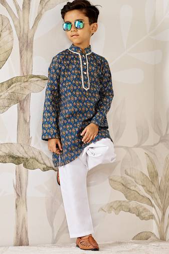 Boy's cotton kurta pyjama set - blue raksha bandhan traditional ethnic wear with kantha work (ages 2-12)