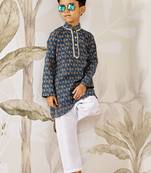  cotton kurta pyjama set - blue raksha bandhan traditional ethnic wear with kantha work (ages 2-12)