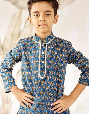  cotton kurta pyjama set - blue raksha bandhan traditional ethnic wear with kantha work (ages 2-12) 2