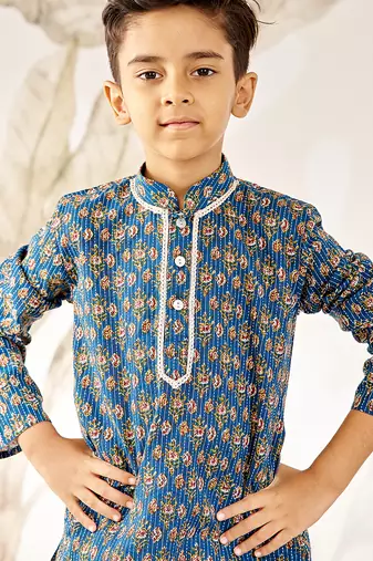  cotton kurta pyjama set - blue raksha bandhan traditional ethnic wear with kantha work (ages 2-12)