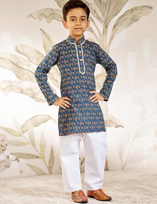  cotton kurta pyjama set - blue raksha bandhan traditional ethnic wear with kantha work (ages 2-12) 3