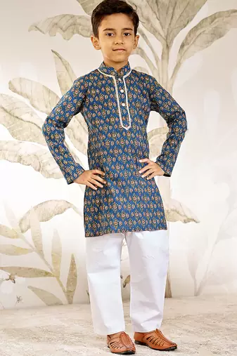  cotton kurta pyjama set - blue raksha bandhan traditional ethnic wear with kantha work (ages 2-12)