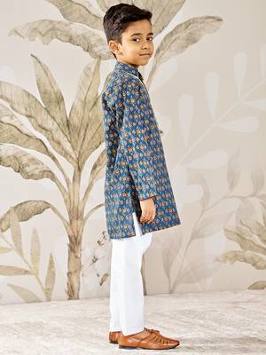  cotton kurta pyjama set - blue raksha bandhan traditional ethnic wear with kantha work (ages 2-12) 4