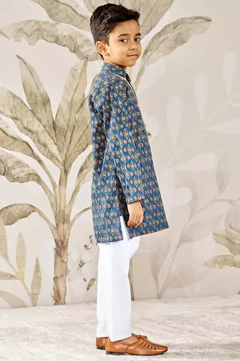  cotton kurta pyjama set - blue raksha bandhan traditional ethnic wear with kantha work (ages 2-12)