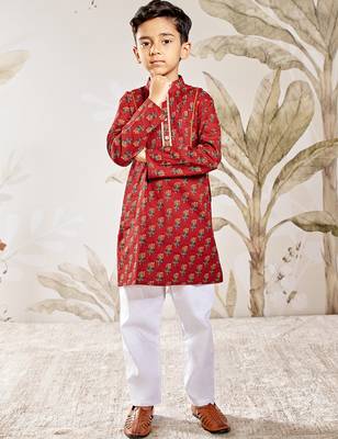  cotton kurta pyjama set - red raksha bandhan traditional ethnic wear with floral print (ages 2-12) 1