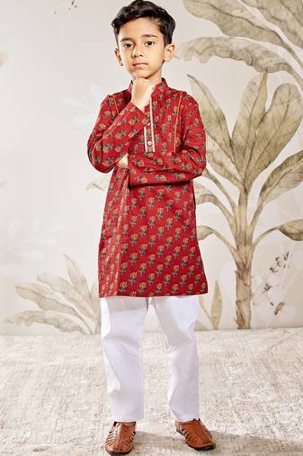 Boy's cotton kurta pyjama set - red raksha bandhan traditional ethnic wear with floral print (ages 2-12)