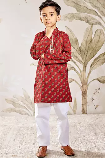Boy's cotton kurta pyjama set - red raksha bandhan traditional ethnic wear with floral print (ages 2-12)