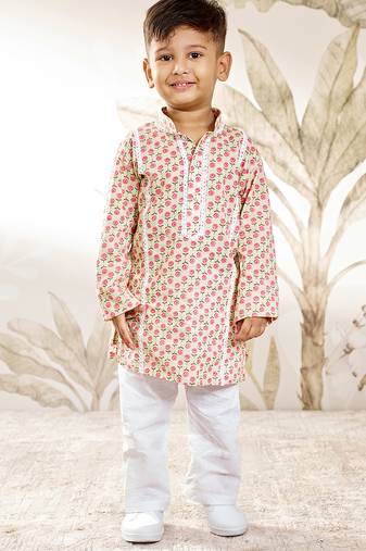 boy's cotton kurta pyjama set - mint green raksha bandhan traditional ethnic wear with floral print (ages 8-14)