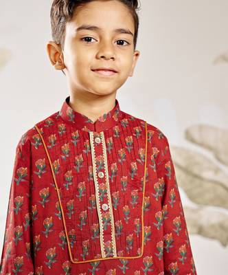  cotton kurta pyjama set - red raksha bandhan traditional ethnic wear with floral print (ages 2-12) 2