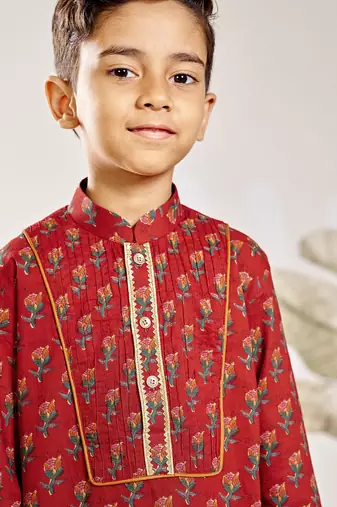  cotton kurta pyjama set - red raksha bandhan traditional ethnic wear with floral print (ages 2-12)