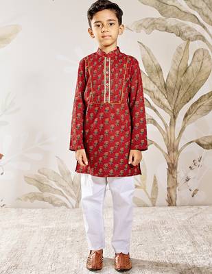  cotton kurta pyjama set - red raksha bandhan traditional ethnic wear with floral print (ages 2-12) 3