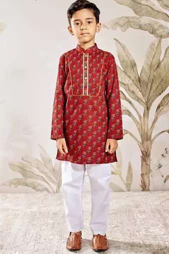  cotton kurta pyjama set - red raksha bandhan traditional ethnic wear with floral print (ages 2-12)