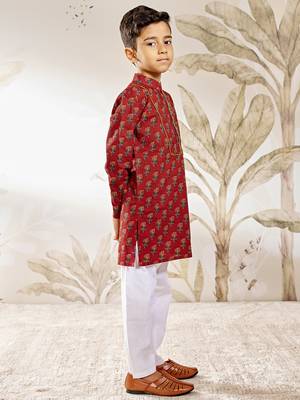  cotton kurta pyjama set - red raksha bandhan traditional ethnic wear with floral print (ages 2-12) 4
