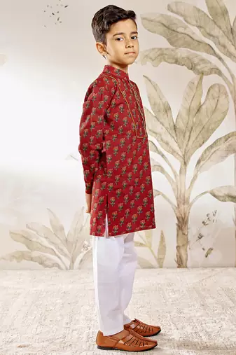  cotton kurta pyjama set - red raksha bandhan traditional ethnic wear with floral print (ages 2-12)
