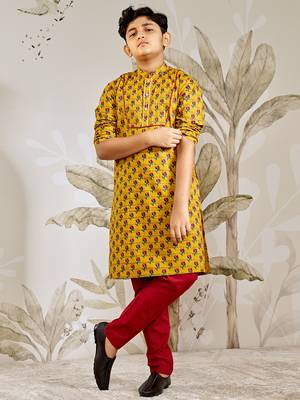  cotton kurta pyjama set - mustard raksha bandhan traditional ethnic wear with floral print (ages 2-12) 1
