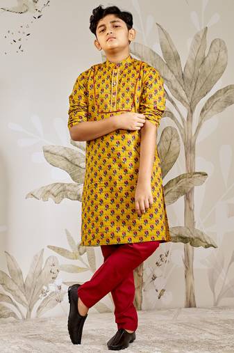 Boy's cotton kurta pyjama set - mustard raksha bandhan traditional ethnic wear with floral print (ages 2-12)
