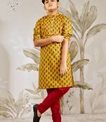  cotton kurta pyjama set - mustard raksha bandhan traditional ethnic wear with floral print (ages 2-12)