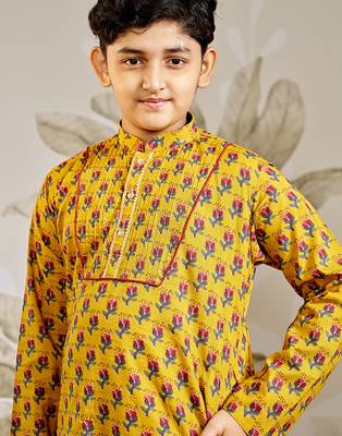  cotton kurta pyjama set - mustard raksha bandhan traditional ethnic wear with floral print (ages 2-12) 2