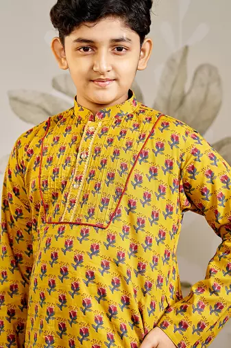  cotton kurta pyjama set - mustard raksha bandhan traditional ethnic wear with floral print (ages 2-12)