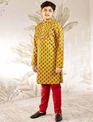  cotton kurta pyjama set - mustard raksha bandhan traditional ethnic wear with floral print (ages 2-12) 3