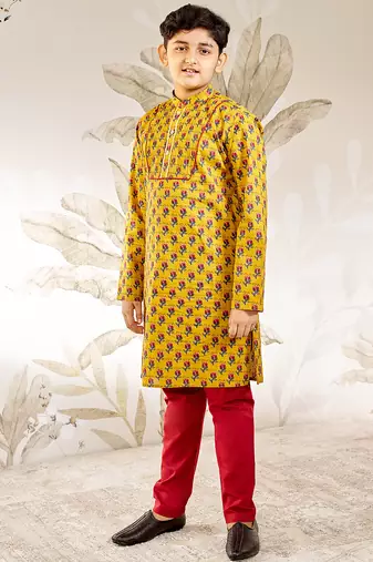  cotton kurta pyjama set - mustard raksha bandhan traditional ethnic wear with floral print (ages 2-12)