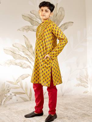  cotton kurta pyjama set - mustard raksha bandhan traditional ethnic wear with floral print (ages 2-12) 4